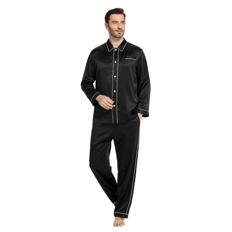 100 Silk Pyjamas Set Für Männer 22 momme Luxus Voller Länge Lange Kontrast Trim männer Kleidung Freies Verschiffen