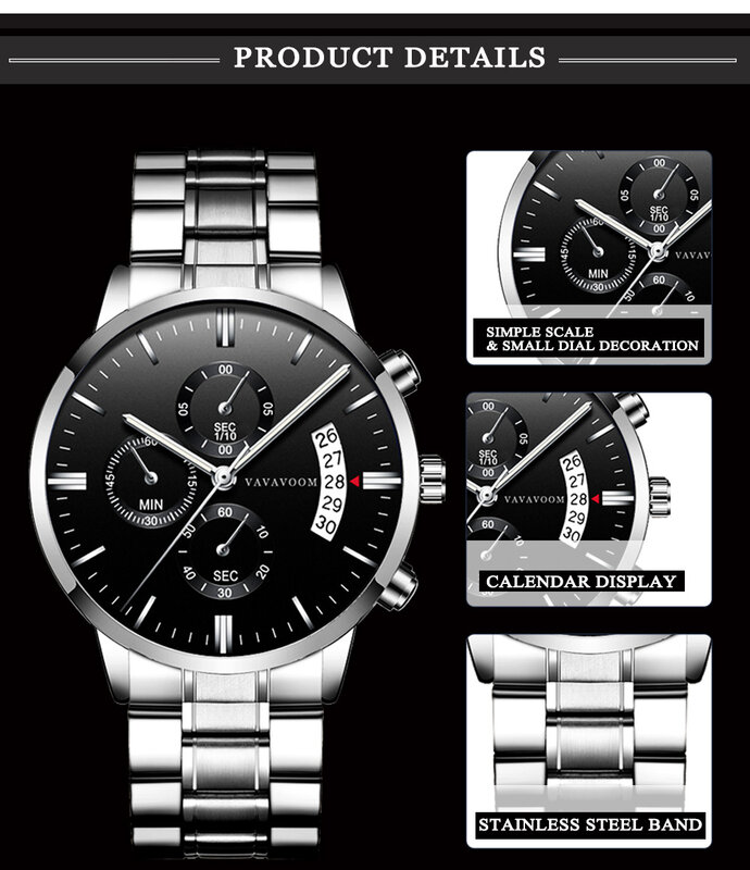 2022 Men Stainless Steel Band Business Casual Calendar Quartz Watch Waterproof Hand Marker Steel Band Watch mens watch watches