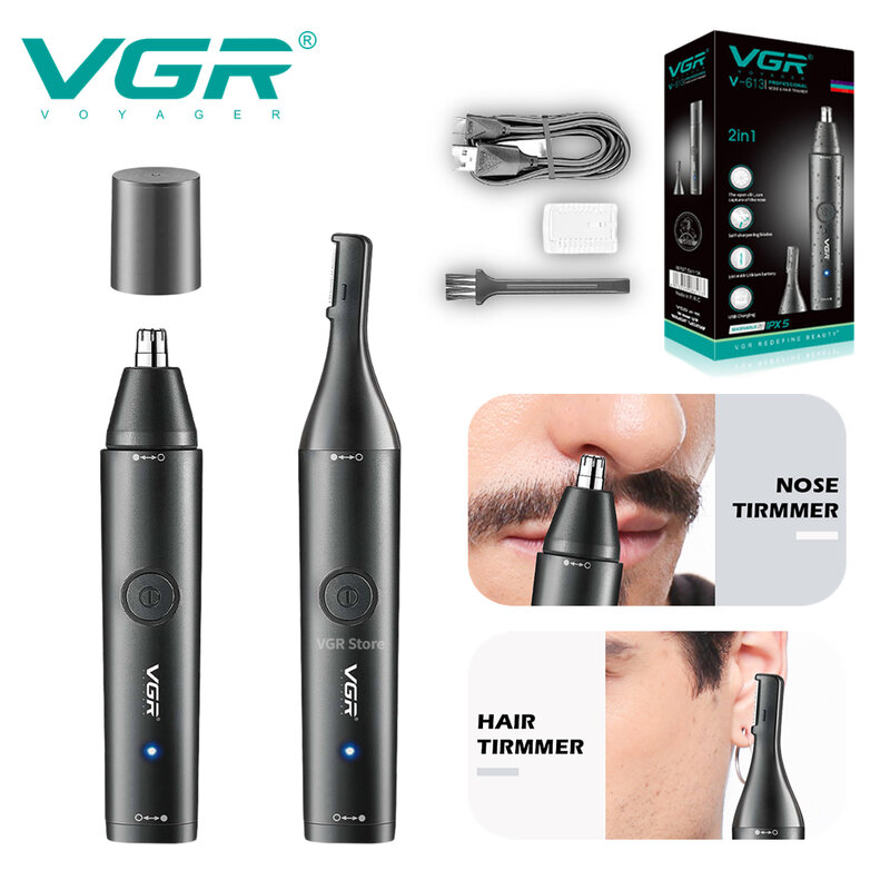VGR ماكينة تشذيب شعر الأنف الاحترافية ماكينة حلاقة شعر صغيرة ماكينة تشذيب الأنف الكهربائية 2 في 1 محمول ماكينة حلاقة الشعر قابلة للشحن ضد للماء V-613