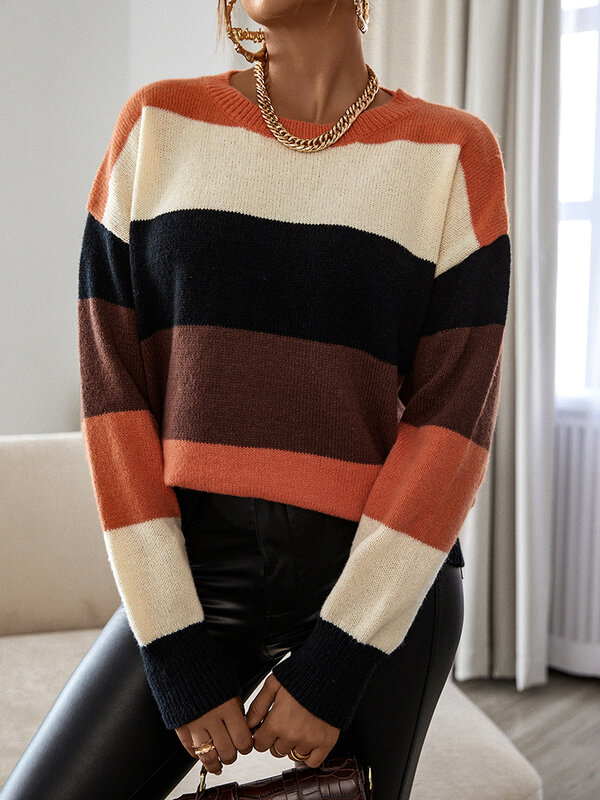 NOOSGOP Autumn Winter 2022 Women Pullover Sweater Soft Warm Suede Wool Knit Wide Colors Strips Patchwork