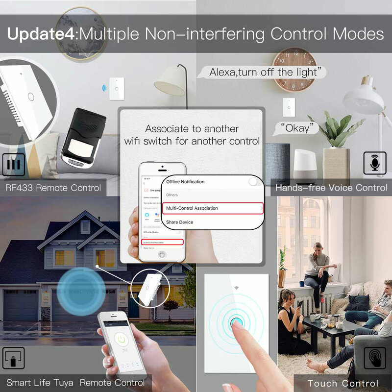 Interruptor de painel de vidro inteligente vida inteligente/tuya app multi-associação de controle, controle de voz com alexa, casa do google, 1/2/3/4 gang