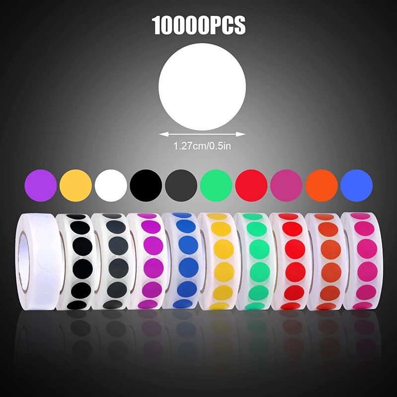 Round Color Dot Stickers, 10 Rolls Of Assorted Color Dot Stickers 1/2 Inch Coding Labels Roll ( 10000 Sheets )