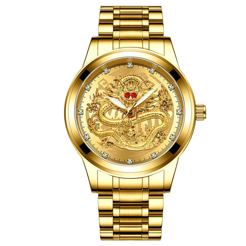 Wytłoczony złoty smok męski wodoodporny nie mechaniczny zegarek diamentowy inkrustowany rubinowy smok twarz moda biznes kwarcowy zegarek