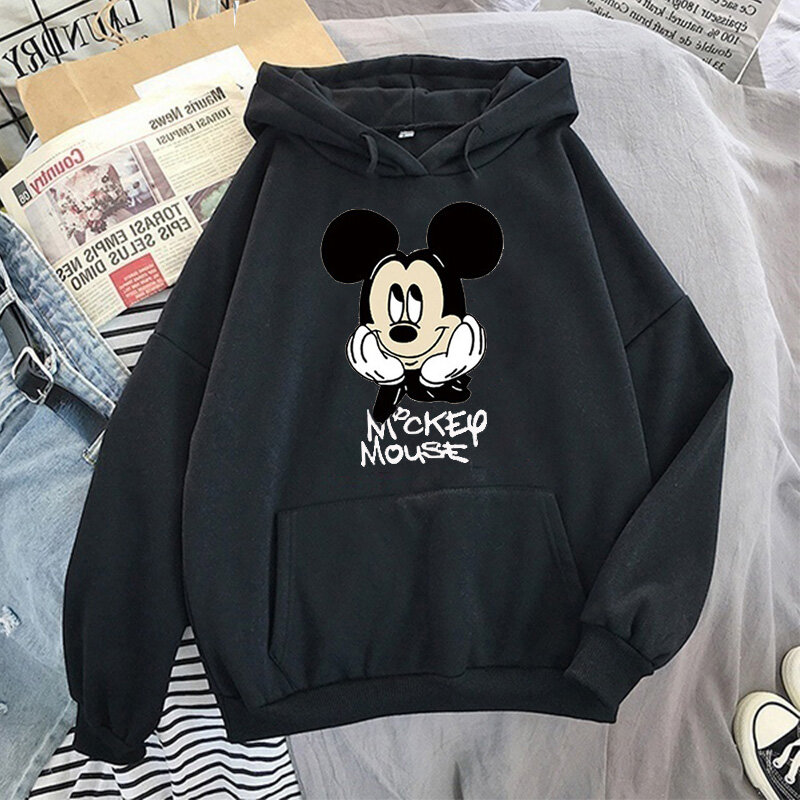 Disney Women Hoodies Mickey Mouse Hoodies Cartoon Tops Long Sleeve Pockets Sweatshirts Fashion Hooded Women