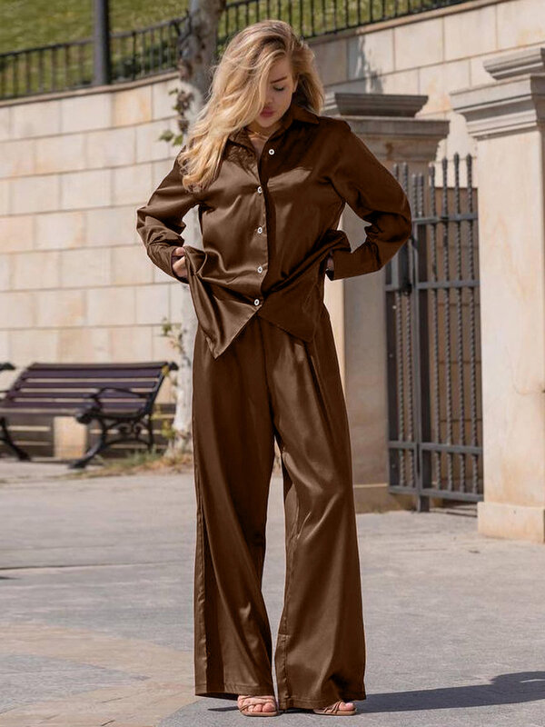 Hiloc-Conjunto de pijama de satén marrón para mujer, ropa de dormir de manga larga, holgada, de un solo pecho, para el hogar, otoño, 2023