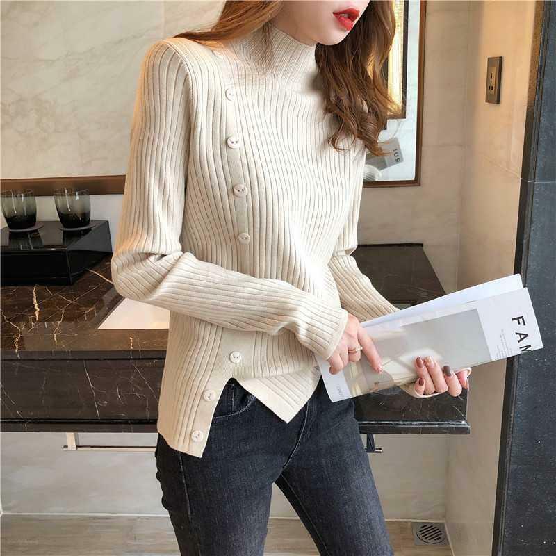 MOVOKAKA Winter Basic Turtleneck Women Sweaters Button Tops Slim Pullover Women Bottoming Knitted Sweater Jumpers Soft Warm Pull