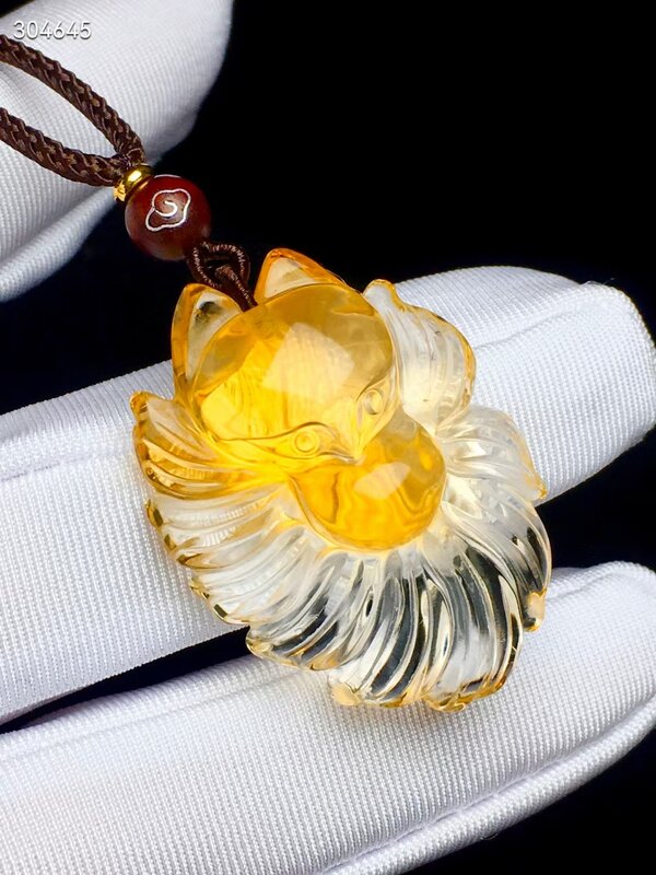 Natural Yellow Citrine Quartz Crystal Pendant 37.26.12mm Gemstone Women Men Fox Shape Wealthy Bead Necklace AAAAA