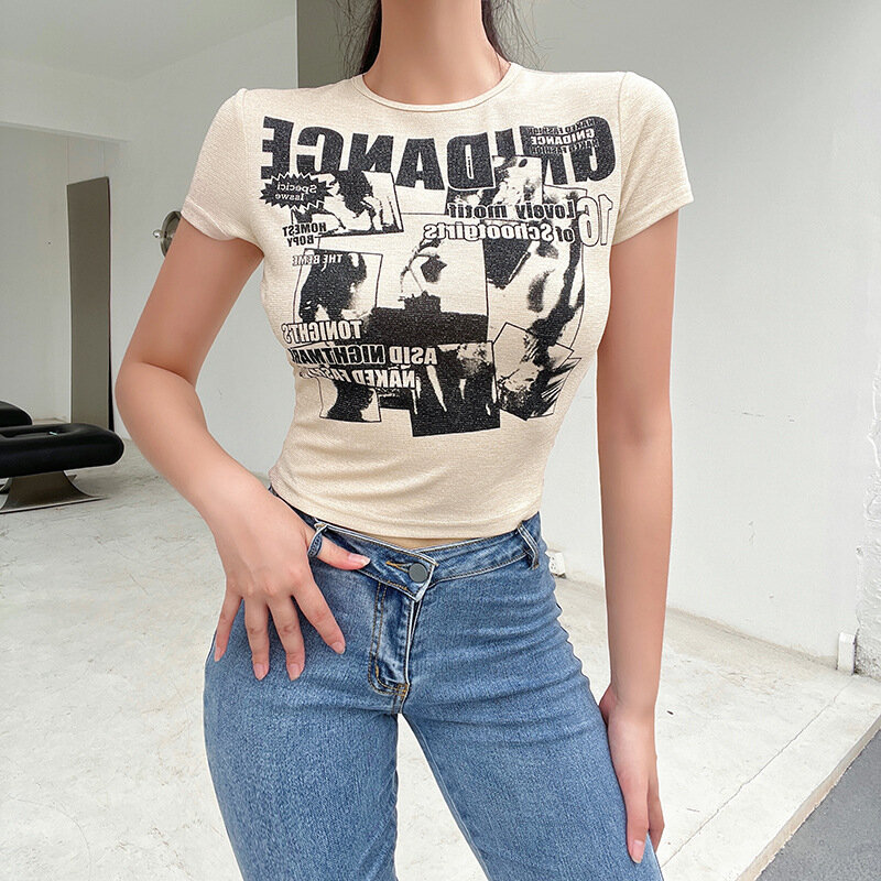 Vintage impresso rotulado pulôver 2022 verão nova moda casual caber camiseta topo y2k roupas harajuku goth topokoreanfashion