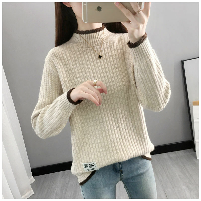 Fashion New Lace Half Turtleneck Long-sleeved Sweater Women's Autumn and Winter Solid Color Knitted All-match Top Female Casual