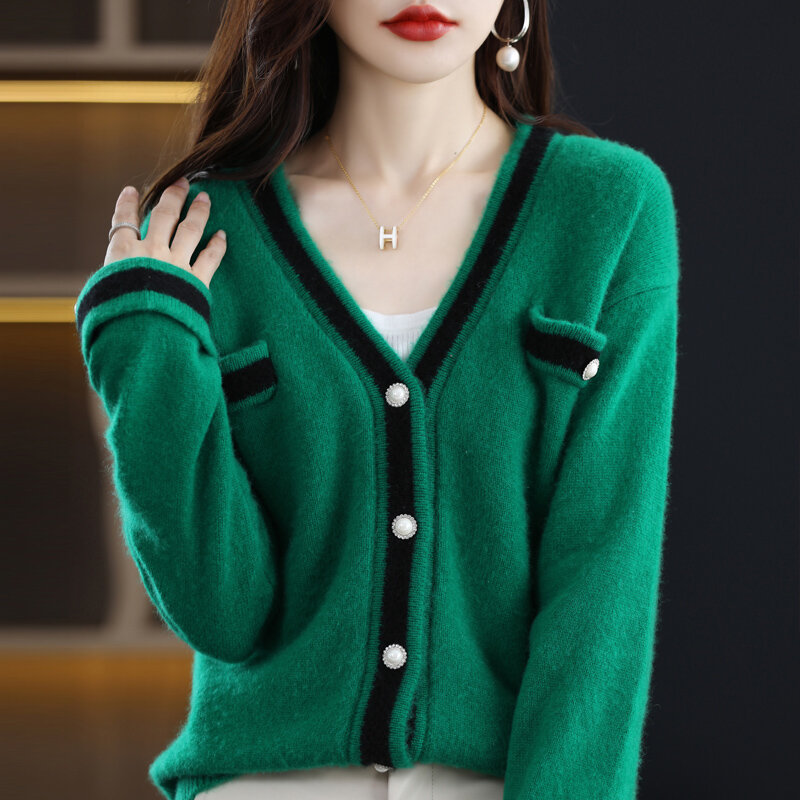 Nowa jesienna i zimowa dekolt w serek dopasowane kolory wełniany sweter damski luźny sweter z długim rękawem dziergany dół sweter