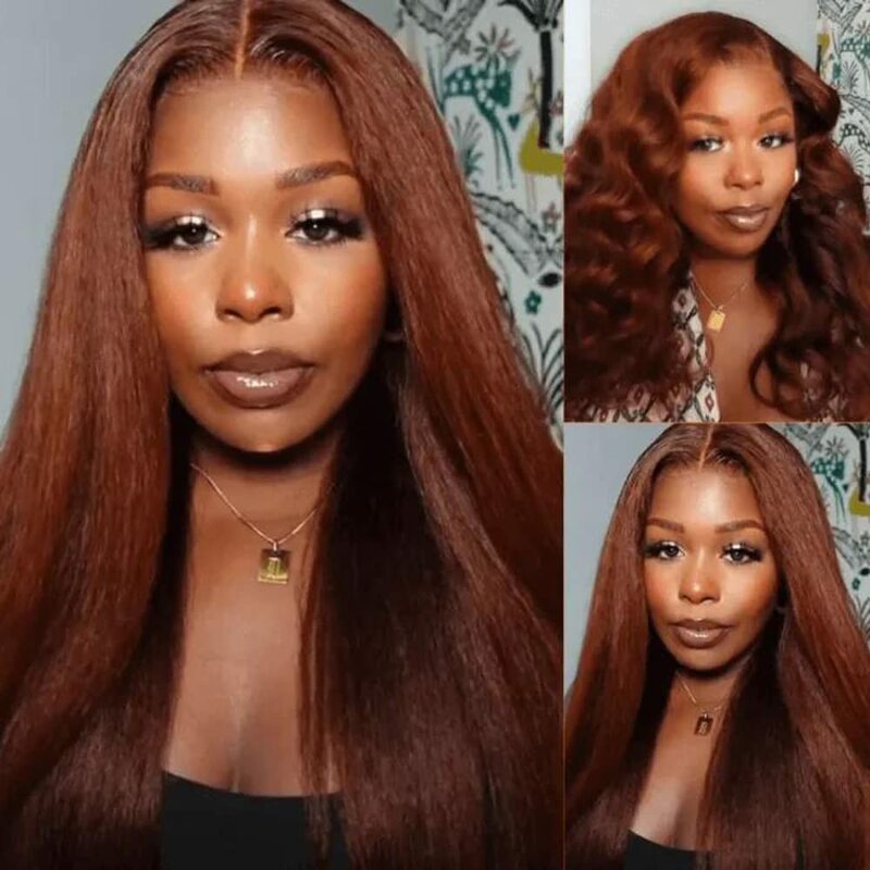 Yaki Dark Brown Kinky Straight Glueless Lace Front Wig Synthetic For Black Women Preplucked Long Heat Resistant Baby Hair Daily