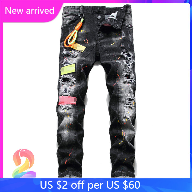 Dsq2 nero grigio bottone Fly Zip decorare Jeans pantaloni in Denim da uomo DSQ2 di alta qualità