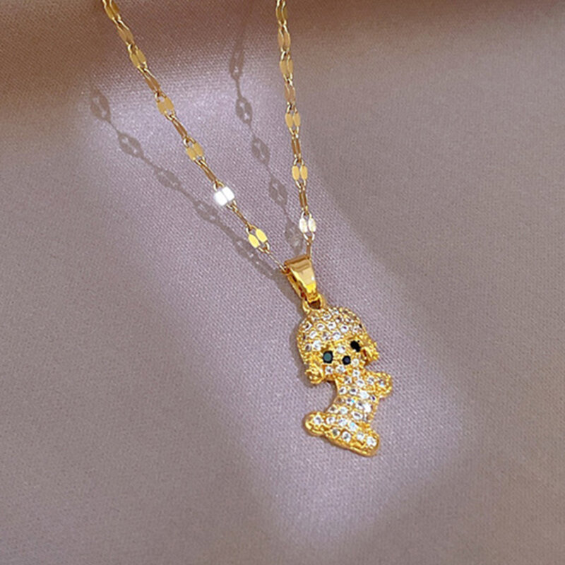 Artificial gems Cute Teddy Dog Pendant Women's Fashion Necklaces 2022 not fade stainless steel gold jewelry chain free items