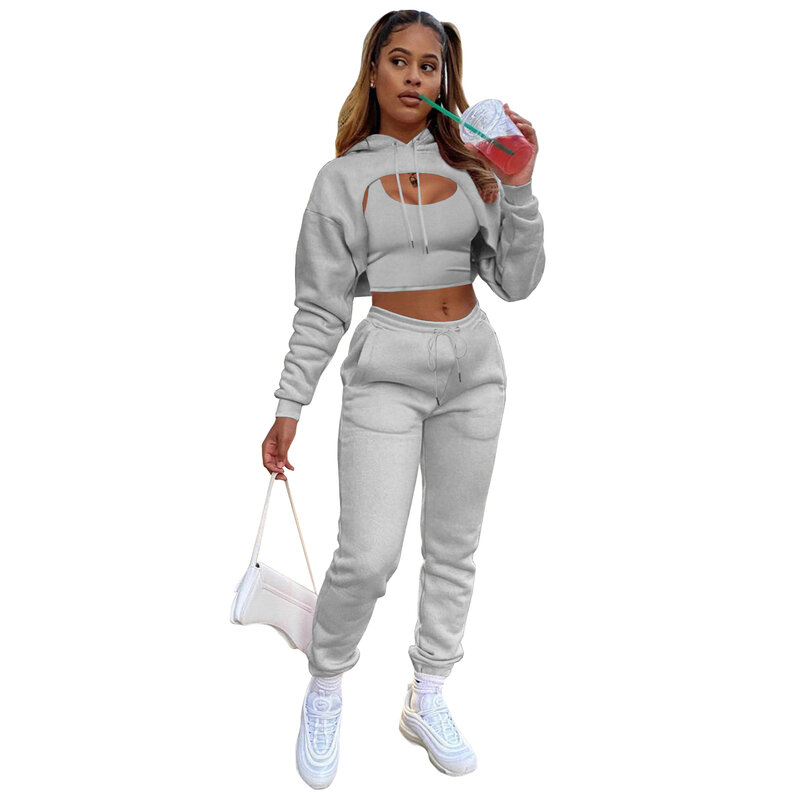 Outono Inverno 3 Pcs/Set Mulheres Tricô Velo Manga Longa Pullover Crop Top Hoodie + Tanques + Jogger Calças Solid Outfit Sport Suit