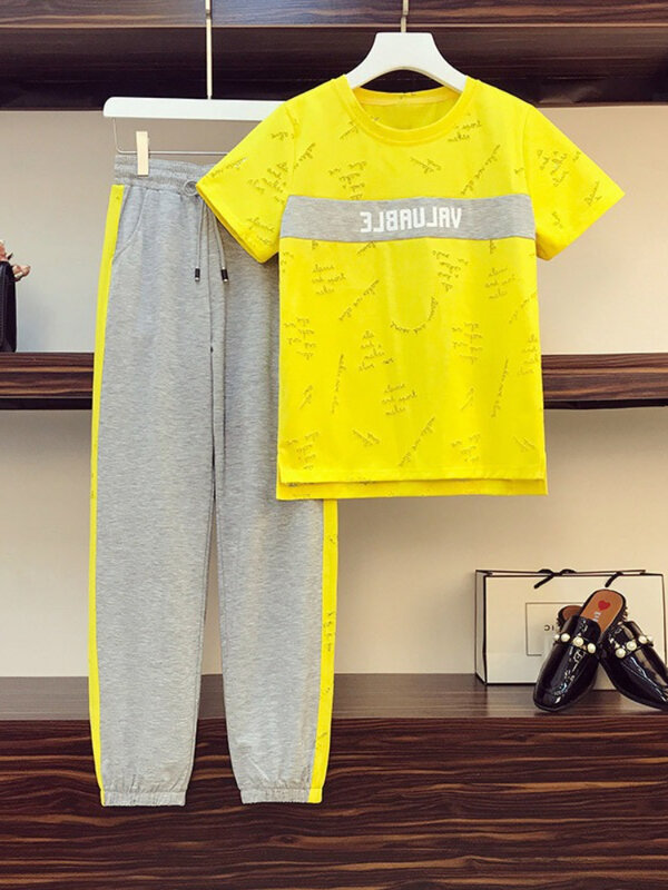 Conjunto de duas peças femininas verão 2022 versão coreana conjunto de roupas esportivas 2 peças conjunto de calças femininas moda casual manga curta
