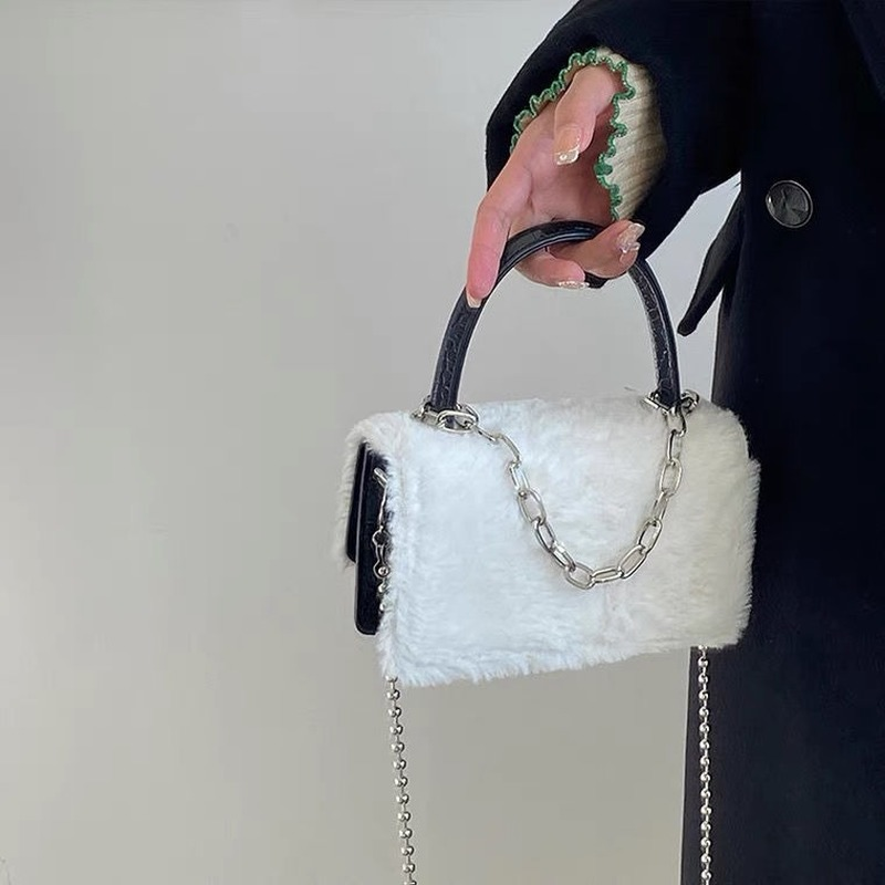 Xiuya Elegant กระเป๋าสะพายกระเป๋าผู้หญิงฤดูหนาวขนสัตว์สีขาว Messenger กระเป๋า2021แฟชั่น Vintage น่ารักกระเป๋าถื...
