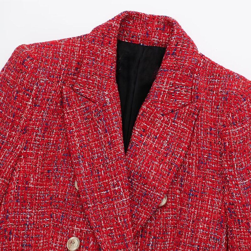 Pb & za feminino 2022 outono novo duplo breasted tweed check blazer casaco de manga longa bolsos feminino outerwear chique casaco