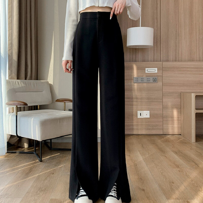 Wisher&Tong 2022 New Flare Pants Women High Waist Solid Straight Pants Office Lady Female Wide Leg Pant Korean Loose Trousers