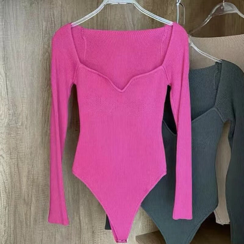 Women Long Sleeve Square Collar Bodysuit 2022 Spring and Autumn Pullover Knited Sweater Jumpsuit Sexy Woman Clothing 22594