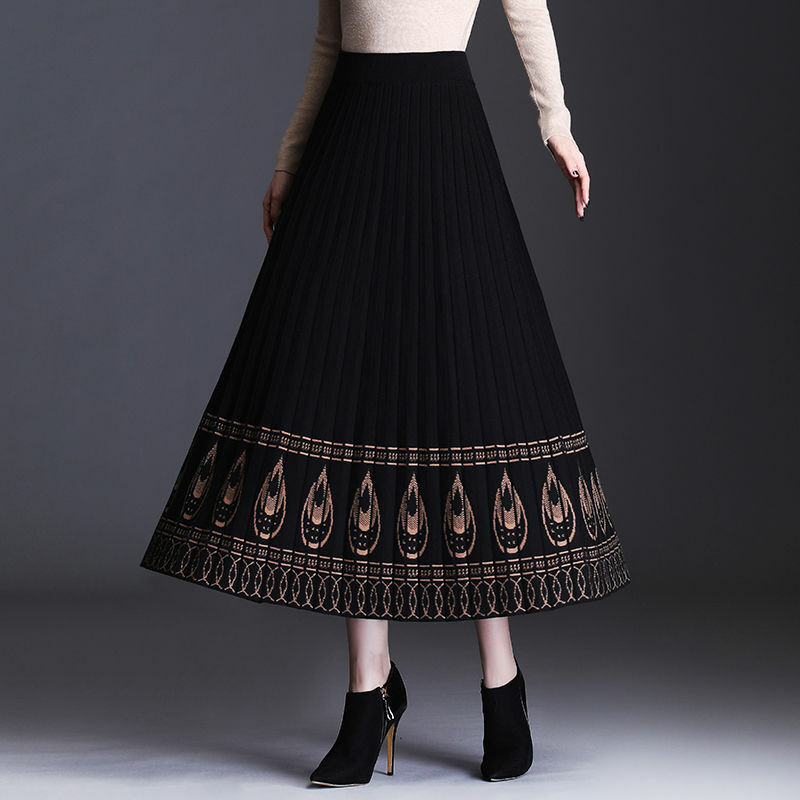 Elegant Vintage Print Knitted Pleated Skirt for Women Autumn Winter 2022 Thick Fashion Casual Ladies High Waist Midi Skirts Saia