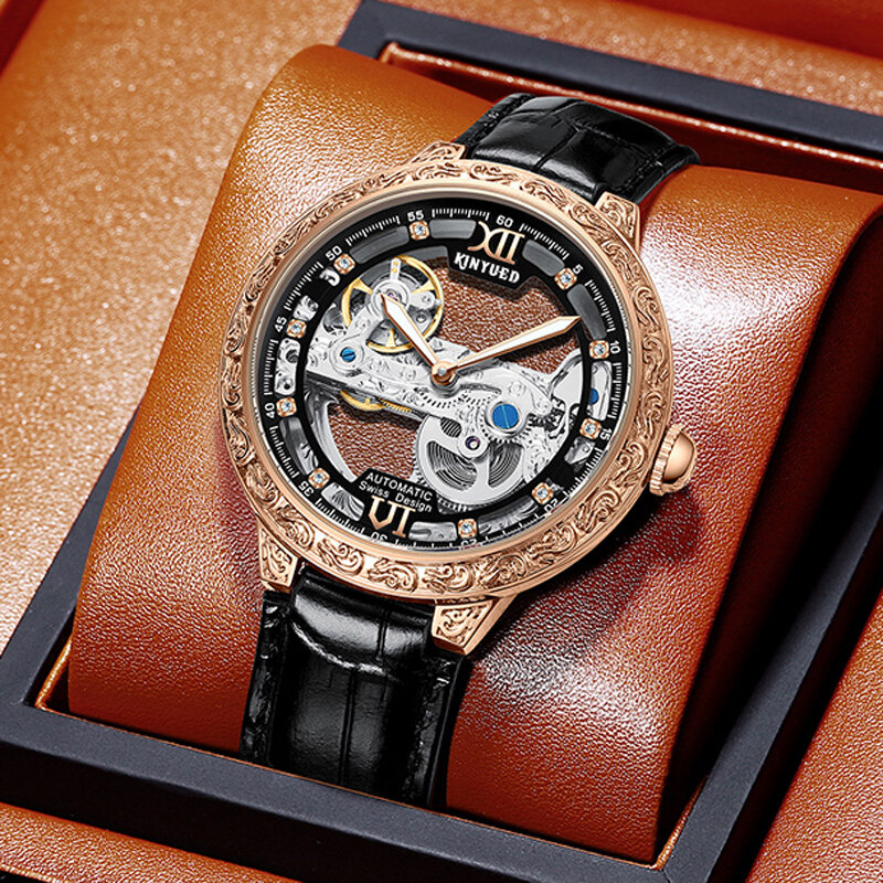 Kinyued นาฬิกาข้อมือแฟชั่นสำหรับผู้ชาย, นาฬิกาข้อมือสำหรับผู้ชายอัตโนมัติแบรนด์หรูนาฬิกาโครงกระดูกกีฬาบุรุษ