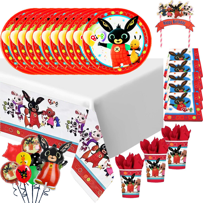สีแดงการ์ตูน Bing-กระต่ายอุปกรณ์งานปาร์ตี้กระดาษผ้ากันเปื้อนผ้าปูโต๊ะถ้วยแผ่น Ballo Ons การ์ตูนทา...