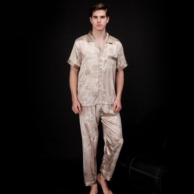 2Pcs Men'S Pajamas Sets Sleepwear For Men Summer Nightwear Bath Robe Short Pyjamas Man Silk Pajamas Shorts Tops Pants Pyjamas