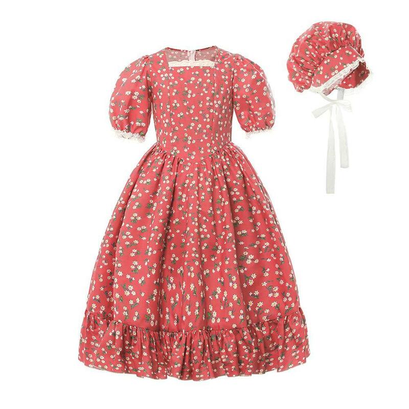 Girl Summer Printing Floral Dress Long Sleeve Pastoral Baby Kids 19Th Pioneer Prairie Colonial Pilgrim Clothes with Apron+Bonnet