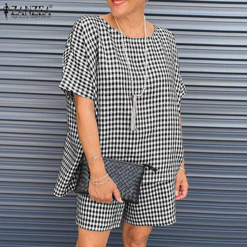 ZANZEA Vintage Plaid Loose Suits 2022 Summer Holiday 2PCS Checked Print Matching Sets Women Casual Short Sleeve Grid Short Sets