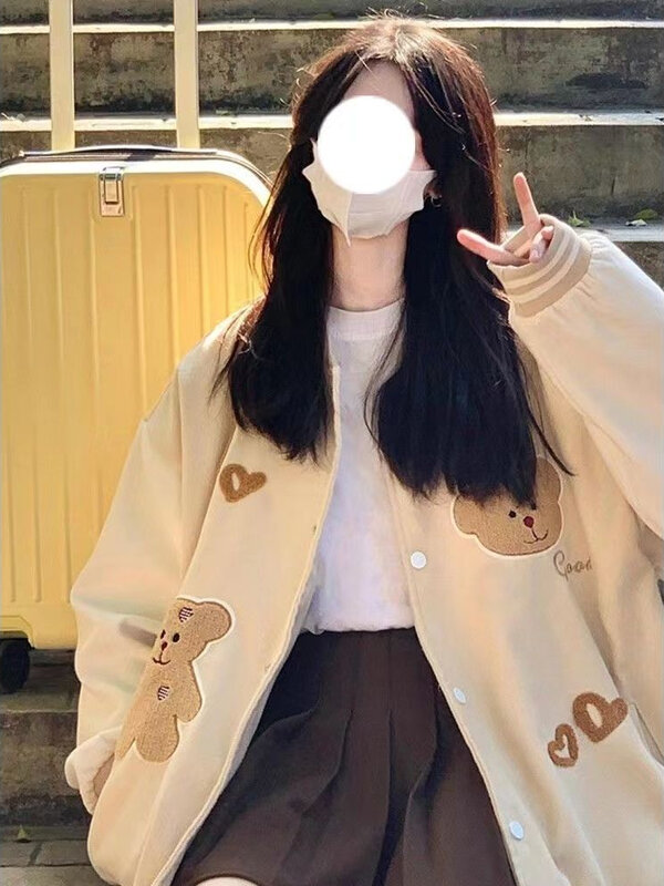Uniforme de béisbol Kawaii para niñas, chaqueta coreana Harajuku con bordado de oso de dibujos animados, chaqueta informal holgada para mujer, top para otoño 2022