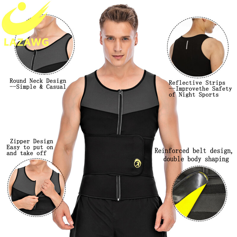 LAZAWG Men Body Shaper Sauna Sweat Shirt Waist Trainer Slim Corset Top Workout Fat Burn Thermo Sports Pants Weight Loss Suits