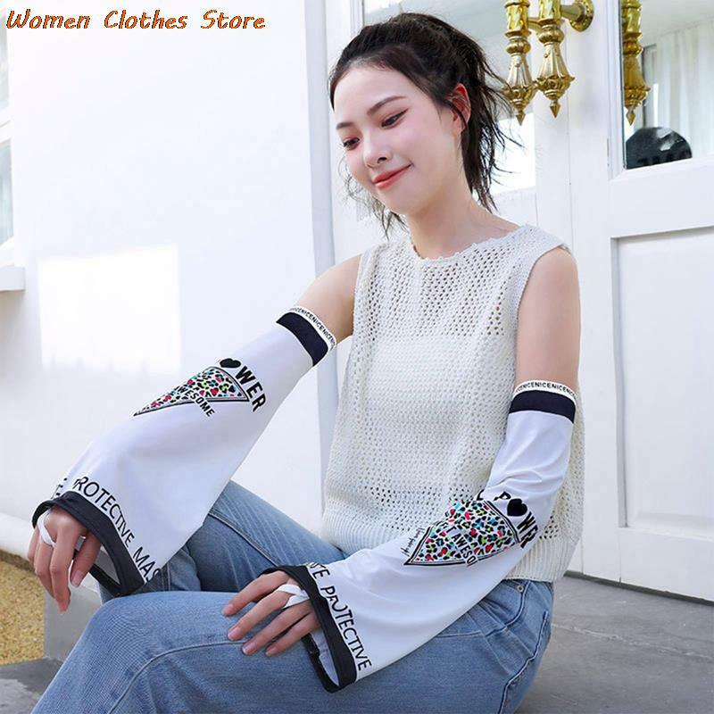 Women Letter Printed Lengthened Loose Ice Sleeves Sunscreen Female Ice Silk Retro Printed Sleeves Summer Driving Riding Sleeves