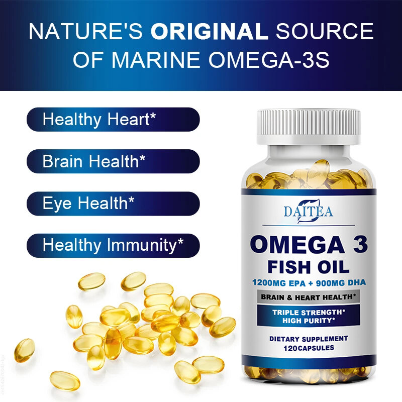 Daitea 오메가 3 피쉬 오일 캡슐, DHA EPA 풍부한 보충제, 노화 방지 피부 눈 심장 뇌 건강 지원, 면역 체계
