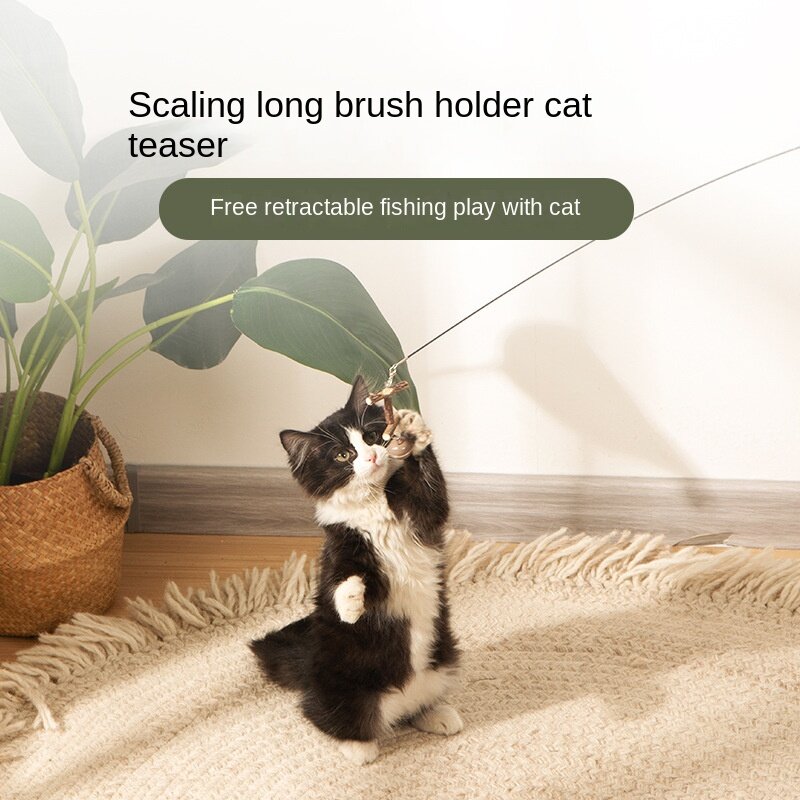 Brinquedo do animal de estimação gato-provocação vara extensível 180cm haste pena substituição cabeça ajustável extensível gato-brinquedo de pesca vara