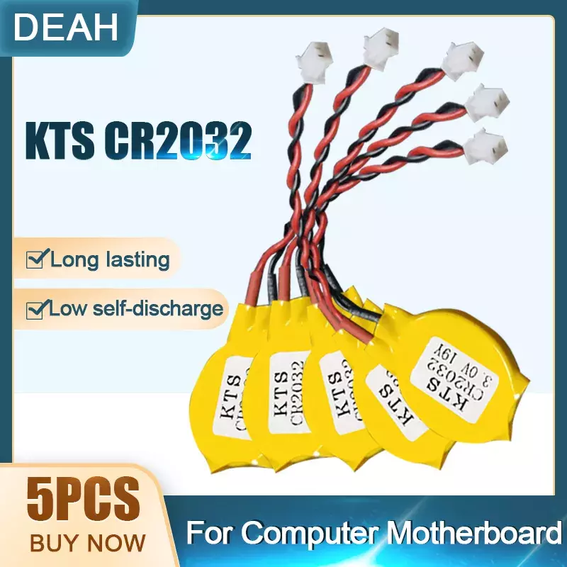 5Pcs/lot NEW 3V Lithium battery KTS CR2032 CR2032W For BIOS COM Computer Motherboard Laptop Meter With Cable Plug Made in Japan