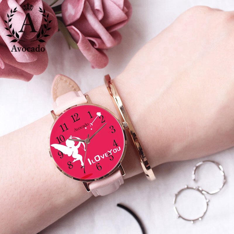 Nowy zegarek mody dla kobiet Cupid kocham cię różowe złoto różowy Pu skórzany zegarek kwarcowy