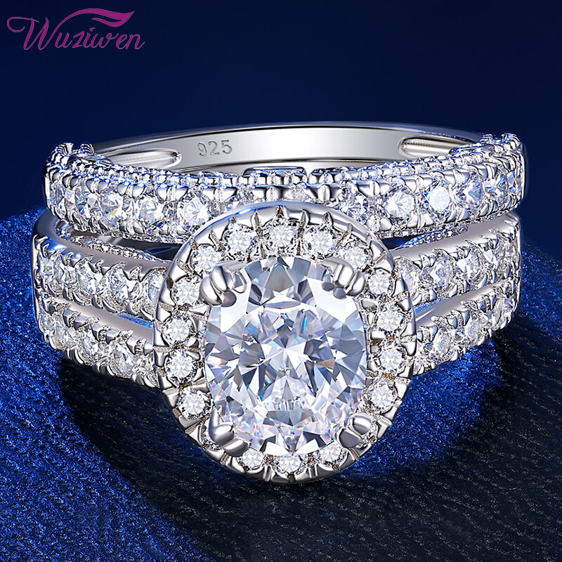 Wuziwen-Conjunto de anillos de compromiso para mujer, de Plata de Ley 925 de lujo, corte ovalado AAAAA, Circonia cúbica, joyería Vintage, 2 piezas