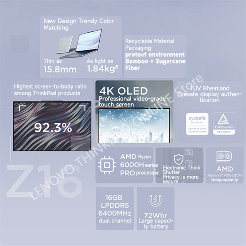 Lenovo-ordenador portátil ThinkPad Z16 con AMD R7 Pro 6850H Radeon RX6500M, 16GB, 512GB, 4K, pantalla táctil OLED