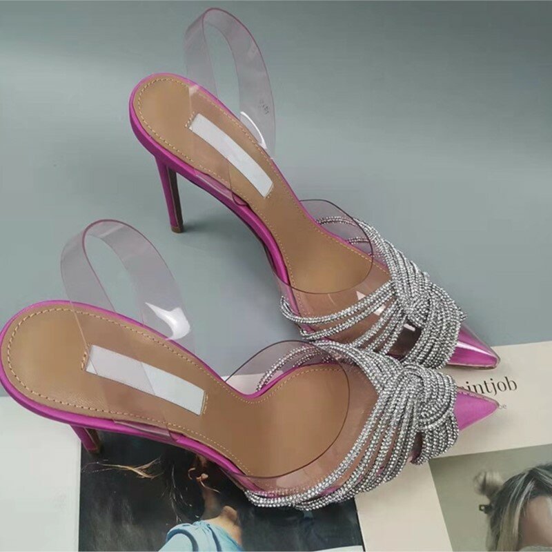 Spring New Crystal PVC Women Party Shoes Clear Pointy Toe Slingback Thin High Heel Banquet Wedding Sandals Hot Shiny Stilettos
