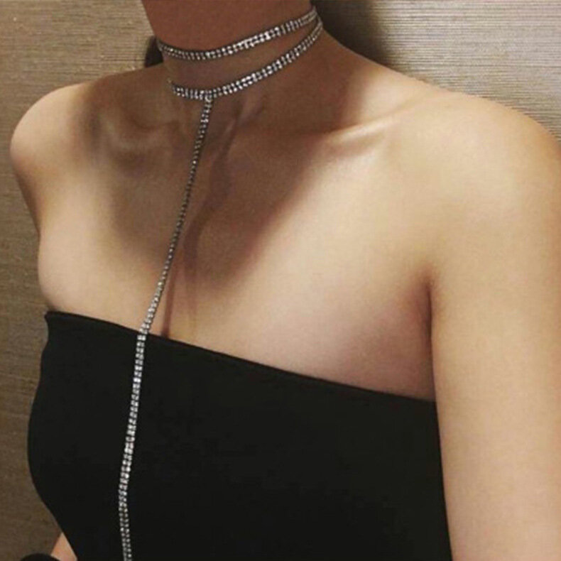Lange Strass Halskette Choker Gem Bling Kristall Brust Kette Kragen Mode Bikini Glitter Körper Schmuck Frauen Zubehör Geschenke