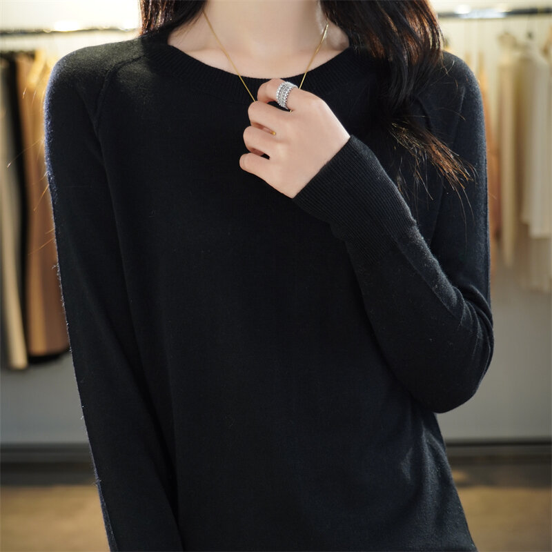 봄/가을 라운드넥 얇은 소모사 울 여성 스웨터, 느슨한 풀오버, 슬림 내부 니트 바닥 셔츠