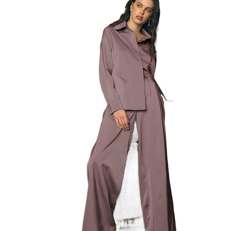 Conjunto de Top y pantalón de satén para mujer, traje de 2 piezas de manga larga, informal, holgado, para primavera y verano