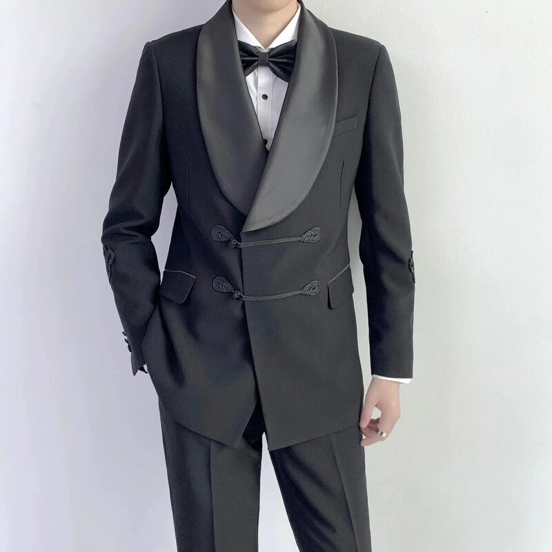 Luxury Chinese Style Black Men Suits Costum Made Wedding Groom Tuxedo Terno Masculino Prom Slim Fit Blazer 2 Pcs Jacket Pant