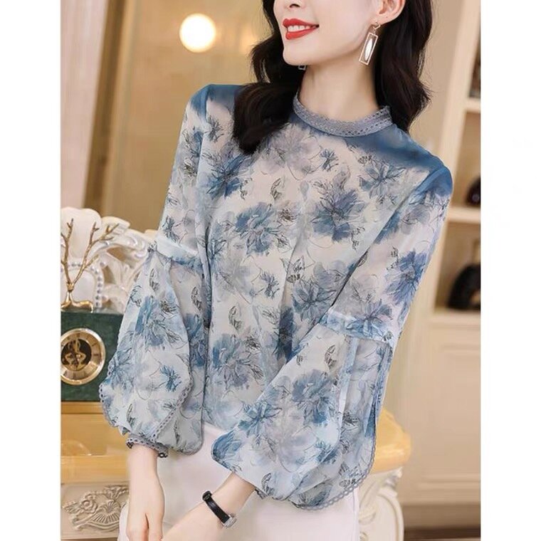 2022 traditional chinese clothes for women blouse shirt vintage blouse shirt with printed lace lantern sleeves standing collar
