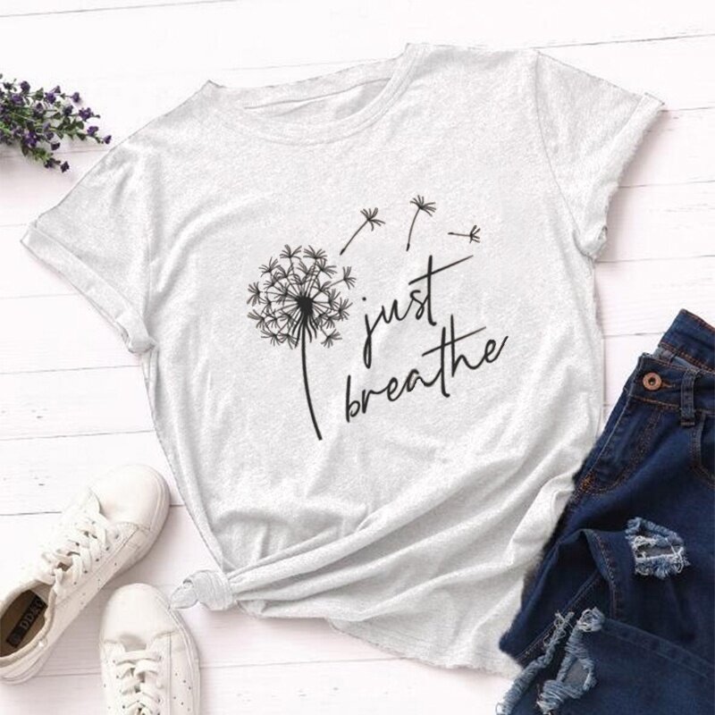 Women's Fashion T-shirt Letter Print \Just Breathe\ Short Sleeve Shirts Dandelion Printed Tees Casual  Polyester  Regular