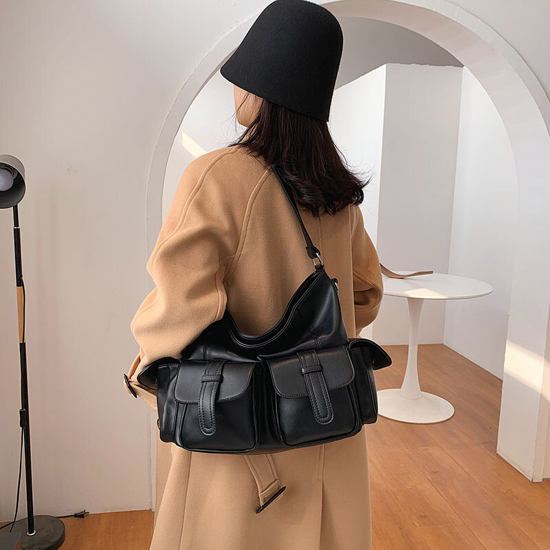 Xiuya Gothic Cross Schoudertas Grote Capaciteit Solid Pu Leather Womens Tote Bag Grote Handtassen 2022 Toevallige Shopper