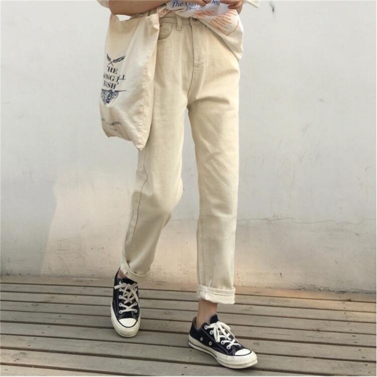 2022 harajuku estilo cintura alta fina nove pontos calças retas coreano casual solto bege jeans roupas femininas vintage