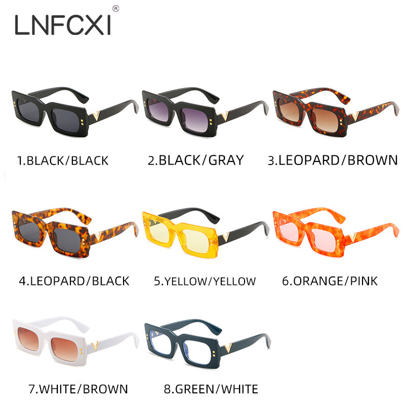 Lnfcxi-女性のための長方形のサングラス,ヴィンテージ,V字型の脚,UV400シェード,黒