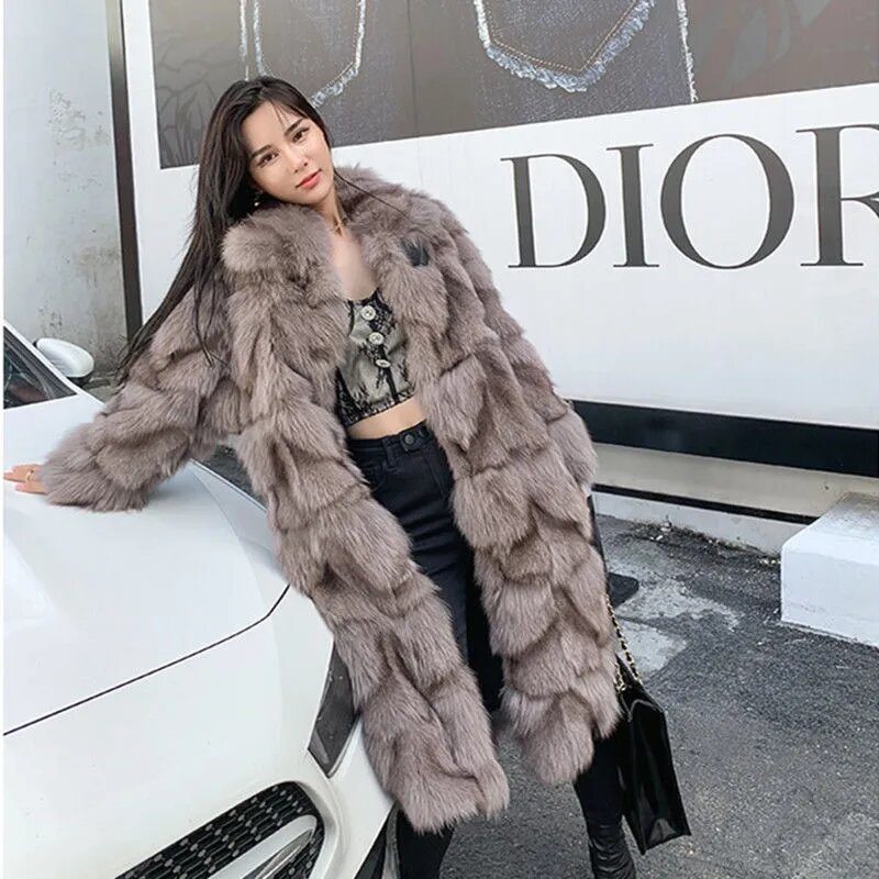 Longo casaco de pele de raposa do falso inverno mid-length casaco feminino outerwear streetwear grosso quente solto moda all-match dupla face pele