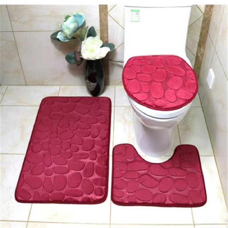 Home Bath Mat Set Bathtub Side Area Rugs Easy To Clean Soft Shower Carpets Toilet Lid Cover Embossed Stone Mats
